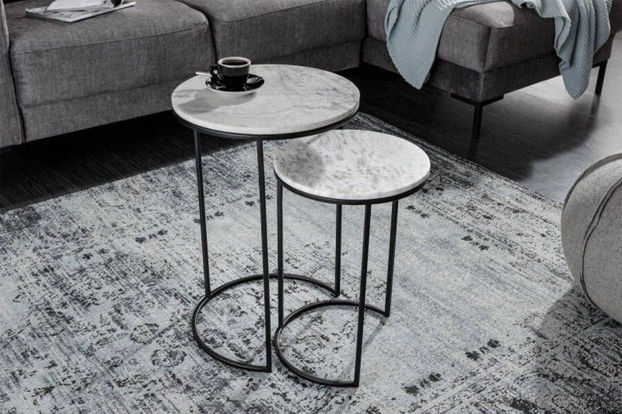 Invicta Interior Design bijzettafel set van 2 ELEMENTS 40cm wit marmer zwart frame rond 41553