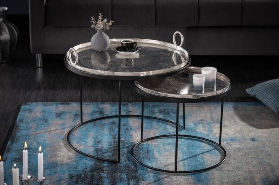 Invicta Interior Set van 2 ronde salontafels ELEMENTS 65cm zilverzwart metalen bijzettafeltje 40637