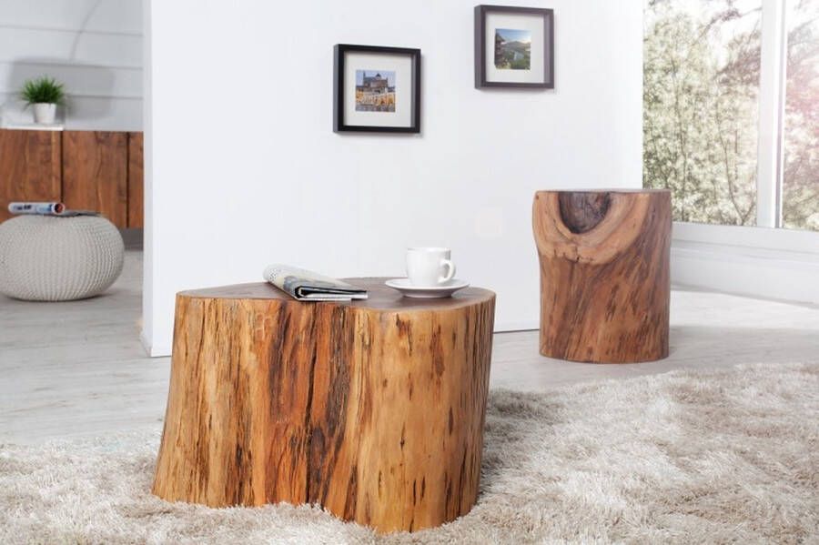 Invicta Interior Massief houten salontafel GOA 50cm acaciaboomstamkruk bijzettafel handgemaakt 35899