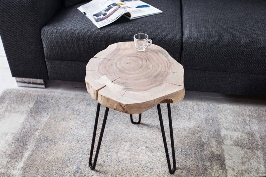 Invicta Interior Massief houten bijzettafel GOA 40cm acaciaboomstam boomschijf metalen poten haarspeldpoten 36707