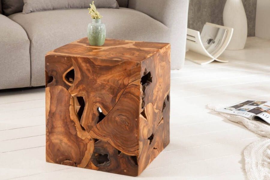 Invicta Interior Massieve bijzettafel SQUARE 40cm teakhouten kubuskruk 39226