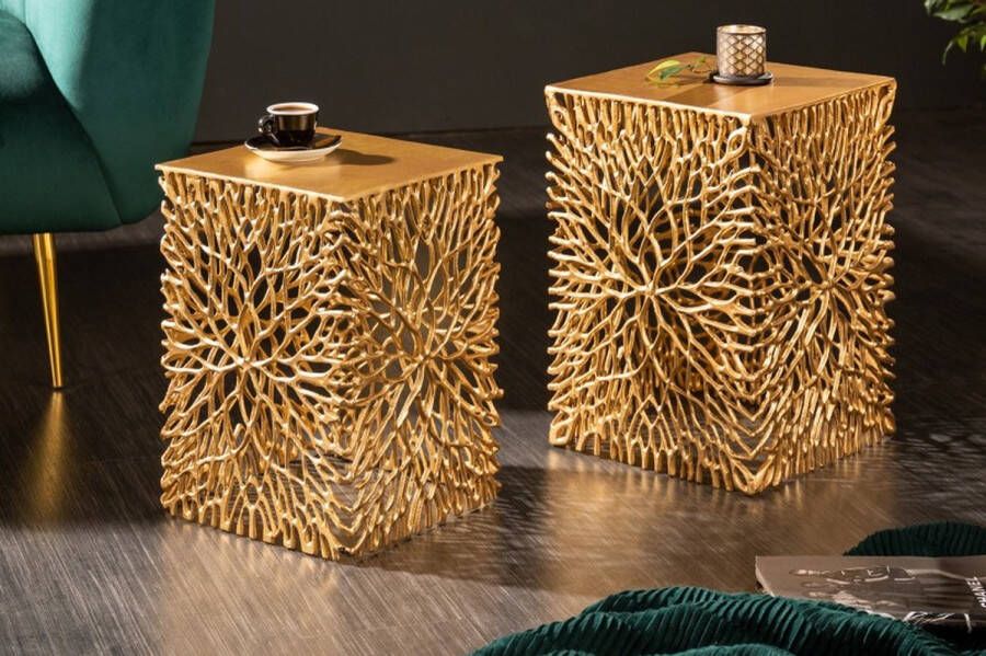 Invicta Interior Filigraan bijzettafel set van 2 ABSTRACT LEAF 45cm goud handgemaakt 40613