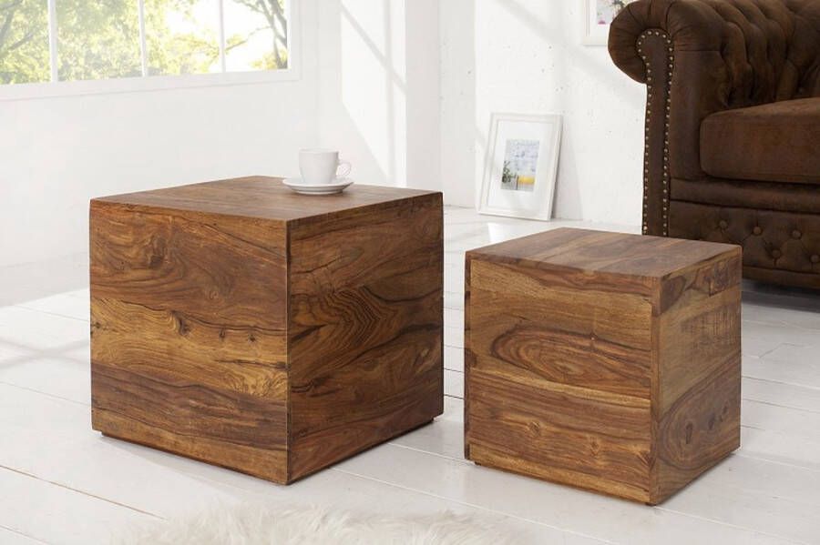 Invicta Interior Set van 2 bijzettafels kubus MAKASSAR 40cm Sheesham massief hout steenafwerking salontafels 37290