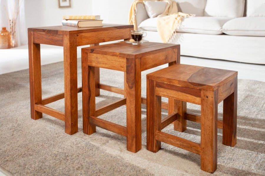 Invicta Interior Massief houten bijzettafels Set van 3 MONSOON 45 cm bruine salontafel met sheeshamstenen afwerking 40794