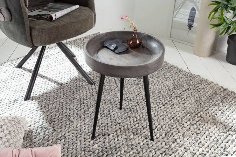 Invicta Interior Ronde bijzettafel PURE NATURE 35cm grijs massief acaciahout zwarte metalen poten 39670