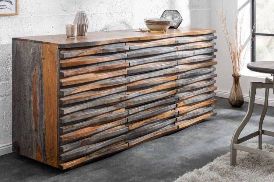 Invicta Interior Massief dressoir RELIEF 160cm Sheeshamhout grijze rookafwerking met uitgewerkt front 39746