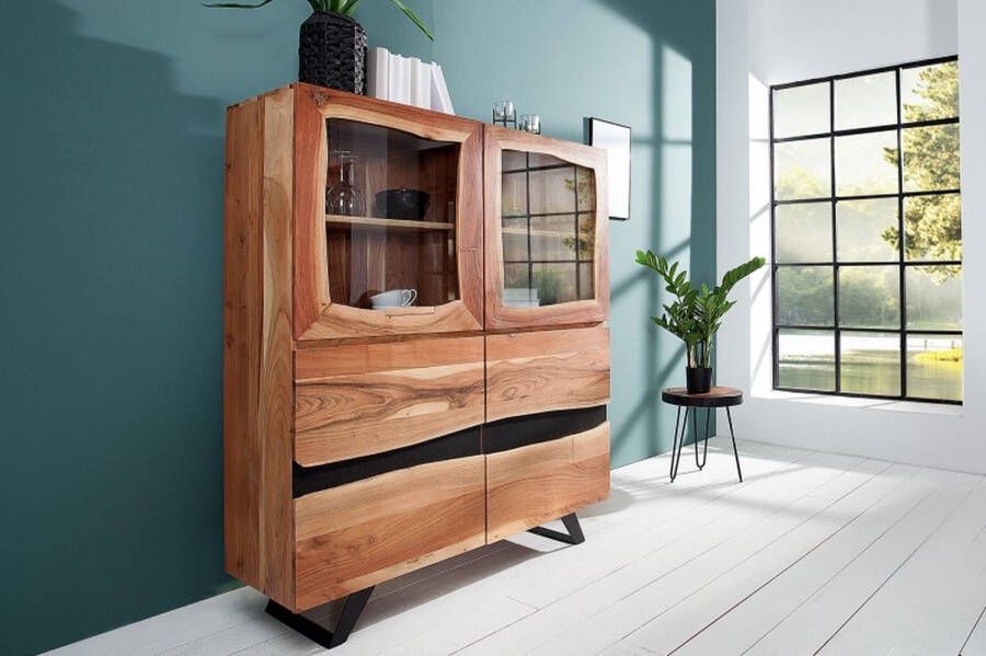 Invicta Interior Massief dressoir AMAZONAS 140cm acacia metalen vitrinekast boomrand 38330
