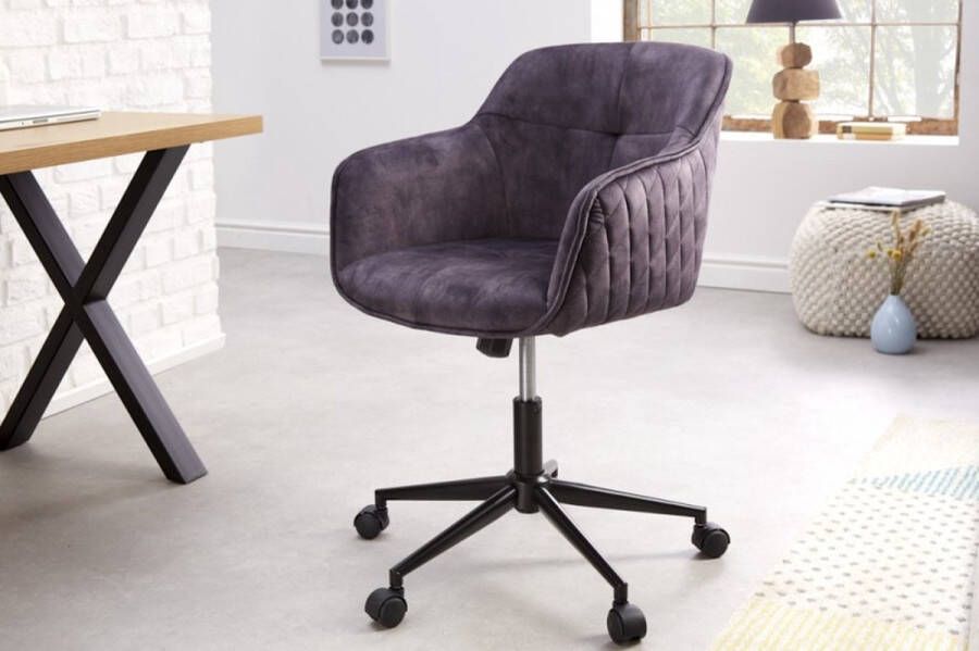 Invicta Interior In hoogte verstelbare bureaustoel EUPHORIA donkergrijs fluweel met decoratieve stiksels 40865