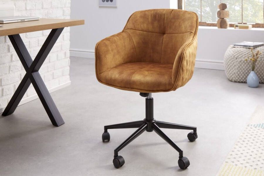 Invicta Interior In hoogte verstelbare bureaustoel EUPHORIA mosterdgeel fluweel met decoratieve stiksels 40866