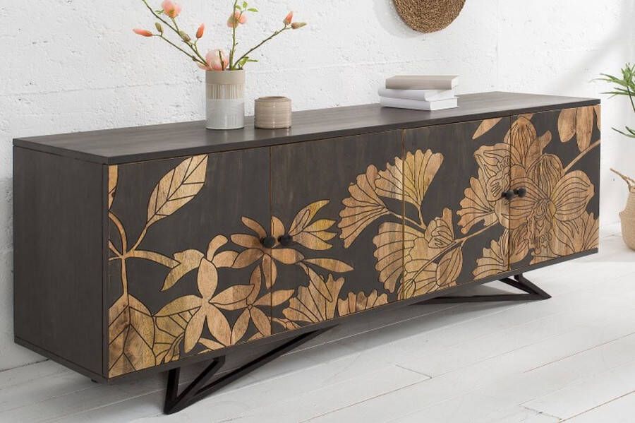 Invicta Interior Massives Dressoir JUNGLE 160cm grijs Mangoholz bloemen Design Boho metalen frame 38727