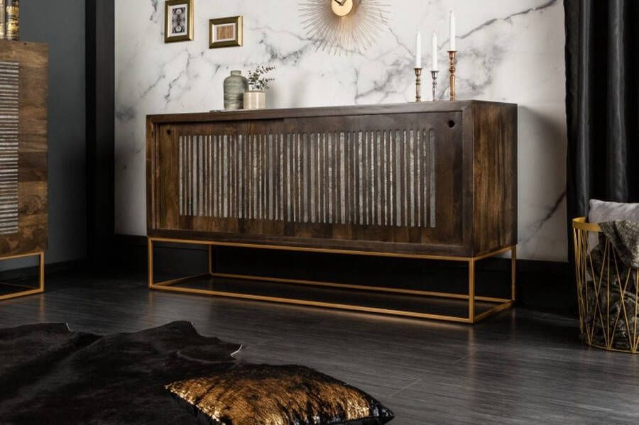 Invicta Interior Massief dressoir ONYX 160cm donkerbruin goud mangohout edelsteen agaat schuifdeuren 39230