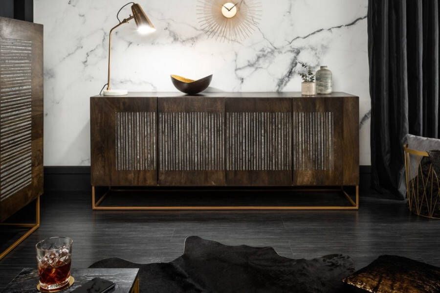 Invicta Interior Massief dressoir ONYX 180 cm donkerbruin mangohout edelsteen agaat goud metalen frame 39229