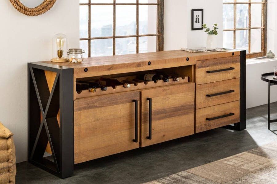 Invicta Interior Massief dressoir THOR 195cm gerecycled grenenhout industrieel design met flessenhouder 40683