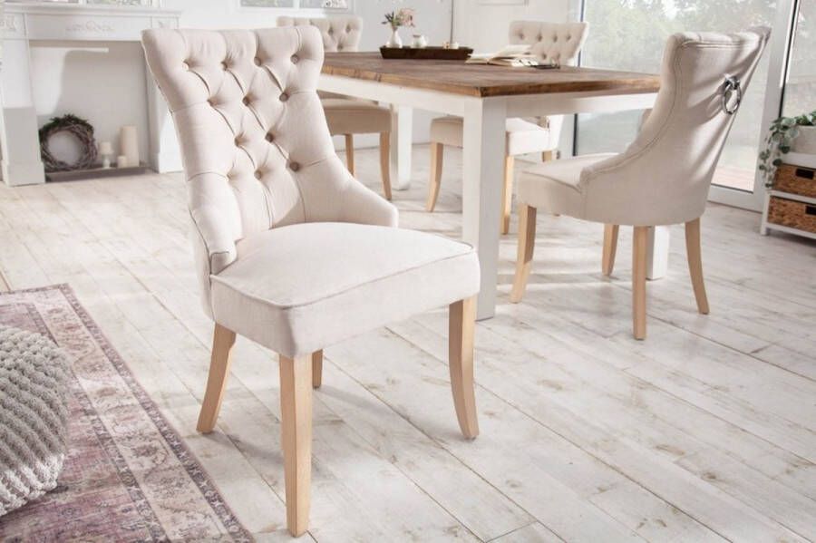 Invicta Interior Elegante stoel CASTLE beige linnen stof landelijke stijl met comfort handvat 40467