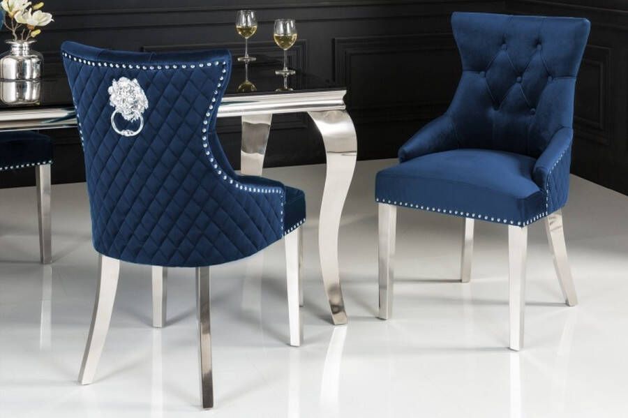 Invicta Interior Barokstoel CASTLE DELUXE koningsblauw fluweel leeuwenkop Chesterfield design eetkamerstoel klinknagels 40473