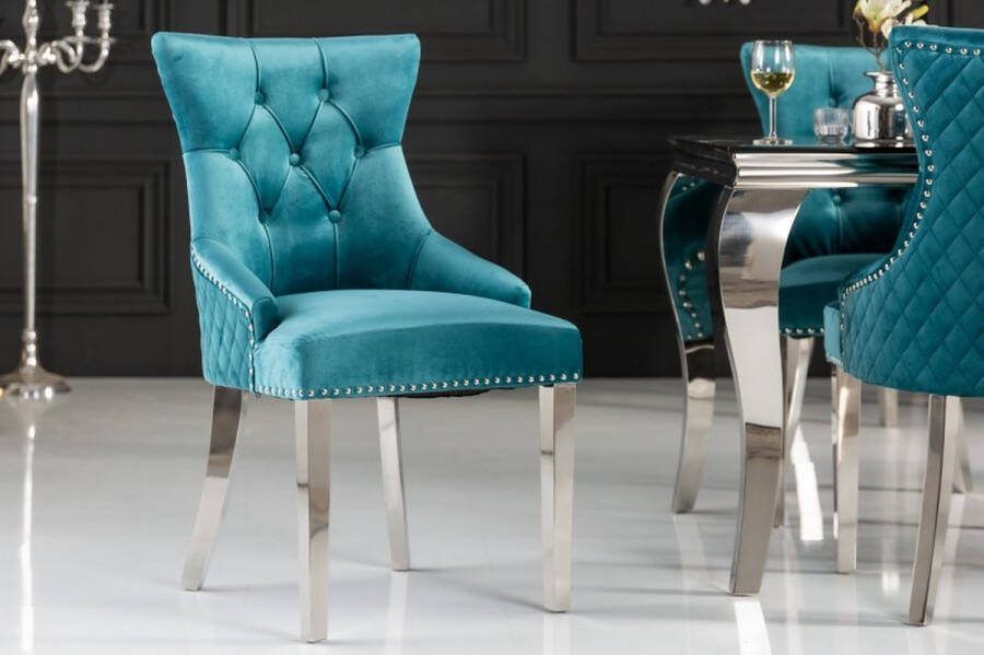 Invicta Interior Barokstoel CASTLE DELUXE turquoise fluwelen leeuwenkop Chesterfield design eetkamerstoel klinknagels 40474