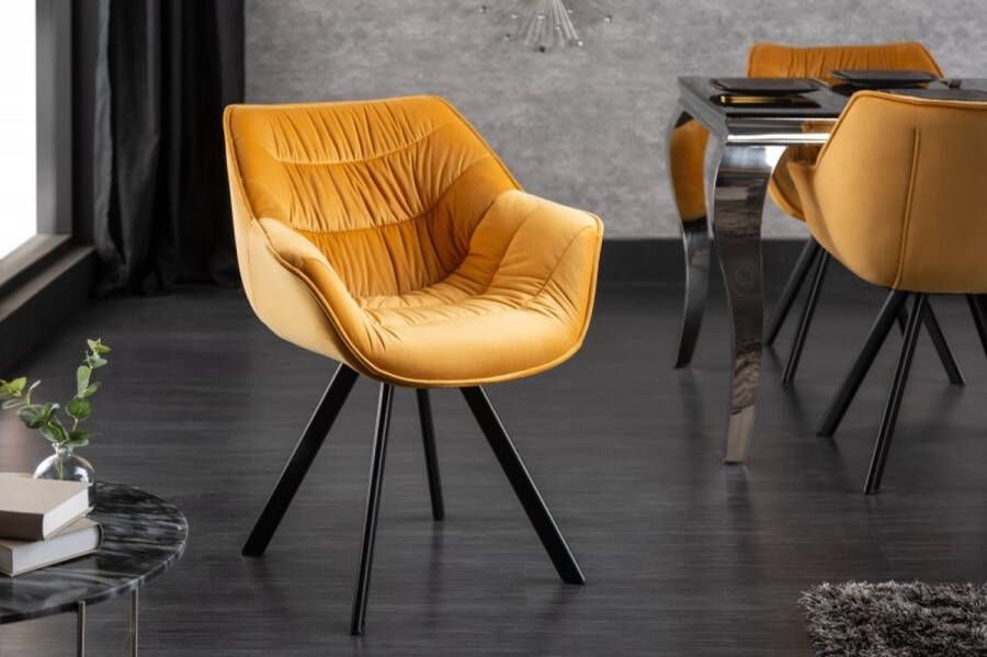 Invicta Interior Design stoel THE DUTCH COMFORT mosterdgeel fluweel retrostijl met armleuningen 40008