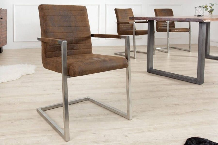 Invicta Interior industrieele sledestoel LOFT vintage bruin met armleuning RVS frame 37078