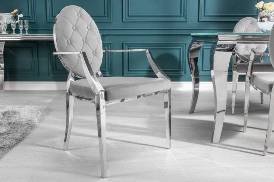 Invicta Interior Elegante stoel MODERN BAROK edelgrijs fluweel met armleuningen en decoratieve knopen 38343