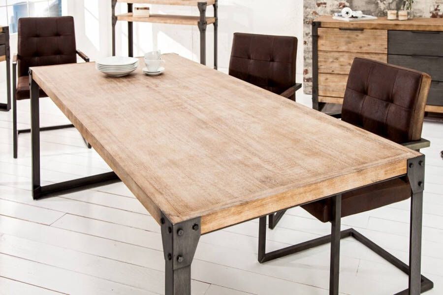 Invicta Interior industrieele design eettafel FACTORY 200cm acacia teakgrijs wit gekalkte metalen poten loper 36770