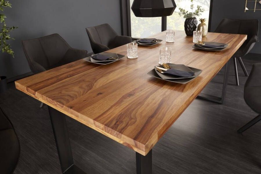 Invicta Interior Massief houten eettafel IRON CRAFT 200cm naturel zwarte Sheesham steenafwerking Industrieel Design 39870
