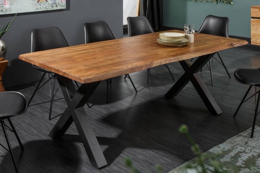 Invicta Interior Massief houten eettafel MAMMUT NATURE 180cm acaciaboom rand X-frame antraciet 3 5cm tafelblad 38352
