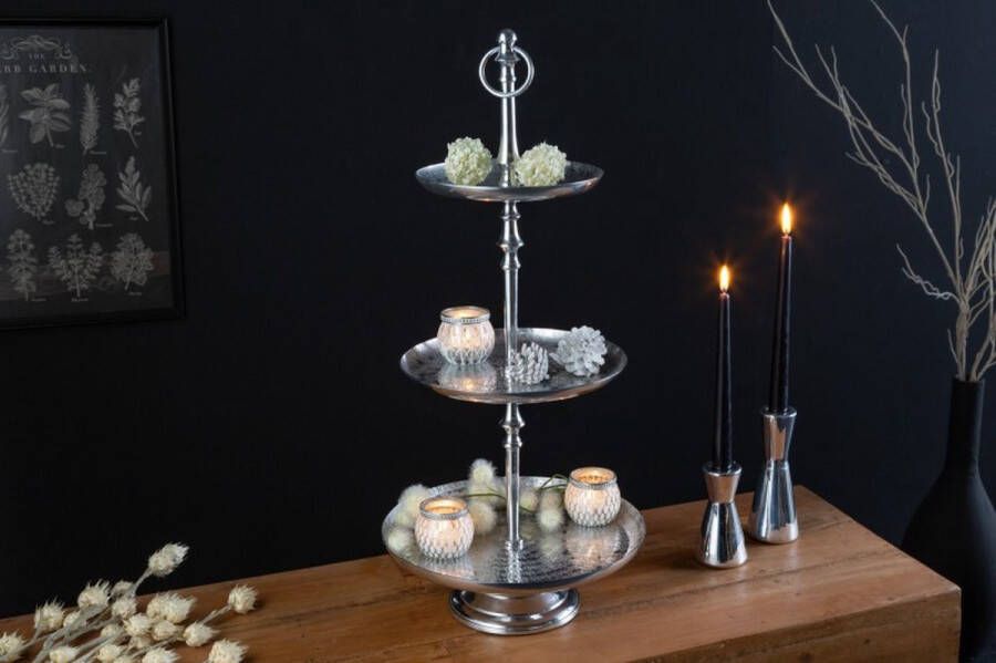 Invicta Interior Elegante taartschaal ORIENT 65cm zilver in wild hamerdesign met drie niveaus 41536