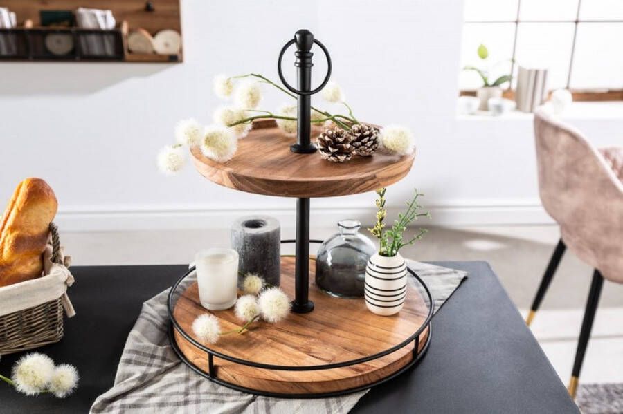 Invicta Interior Massief houten taartplateau PURE NATURE 40cm mango rond met twee niveaus zwart metaal 41606