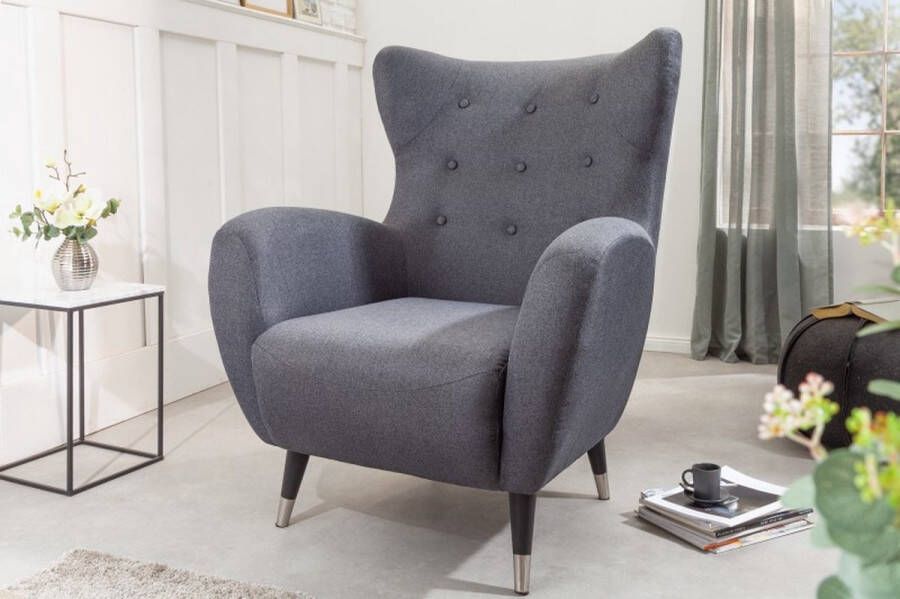 Invicta Interior Retro design fauteuil DON antraciet met veerkern zilveren voetdoppen 40983