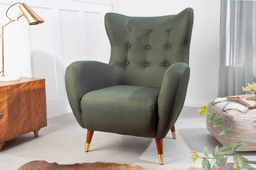 Invicta Interior Retro design fauteuil DON flesgroene veerkern gouden voetdoppen 40984