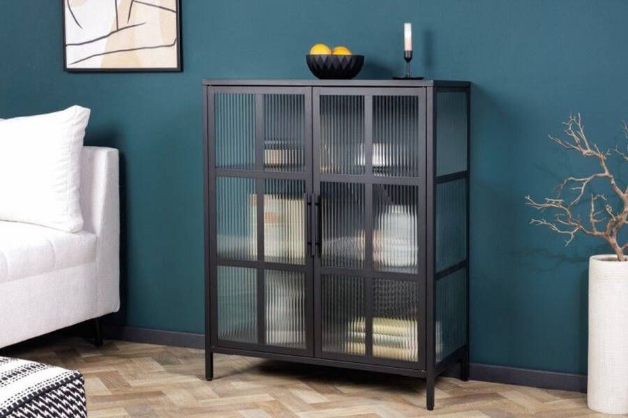 Invicta Interior industrieele vitrine DURA STEEL 80cm zwart metaal geribbeld glas 41723