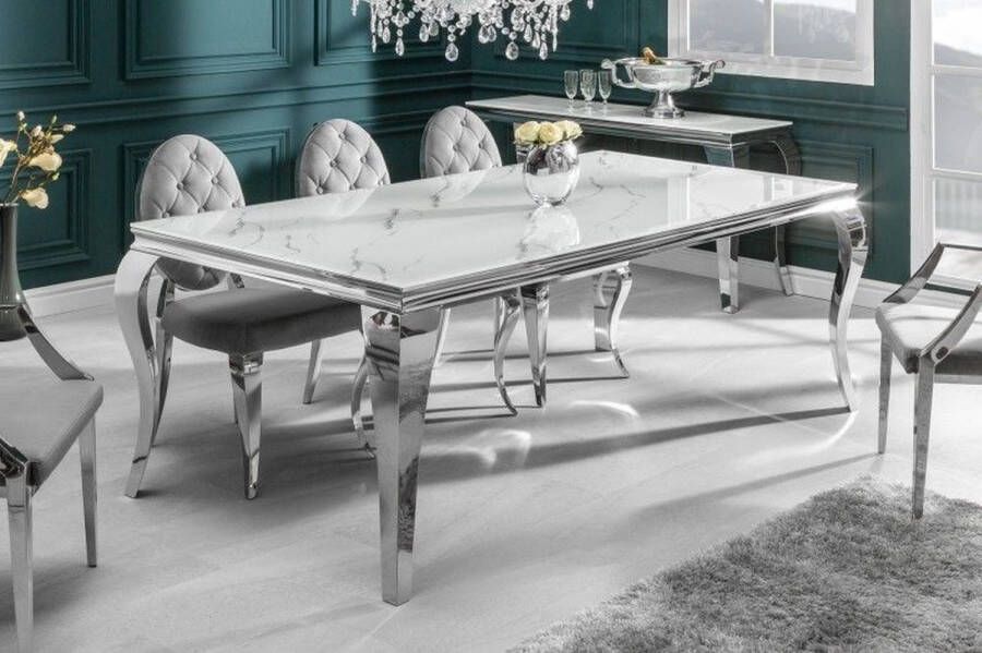 Invicta Interior Design eettafel MODERN BAROQUE 200cm wit chroom glasblad marmer roestvrijstalen poten 39996