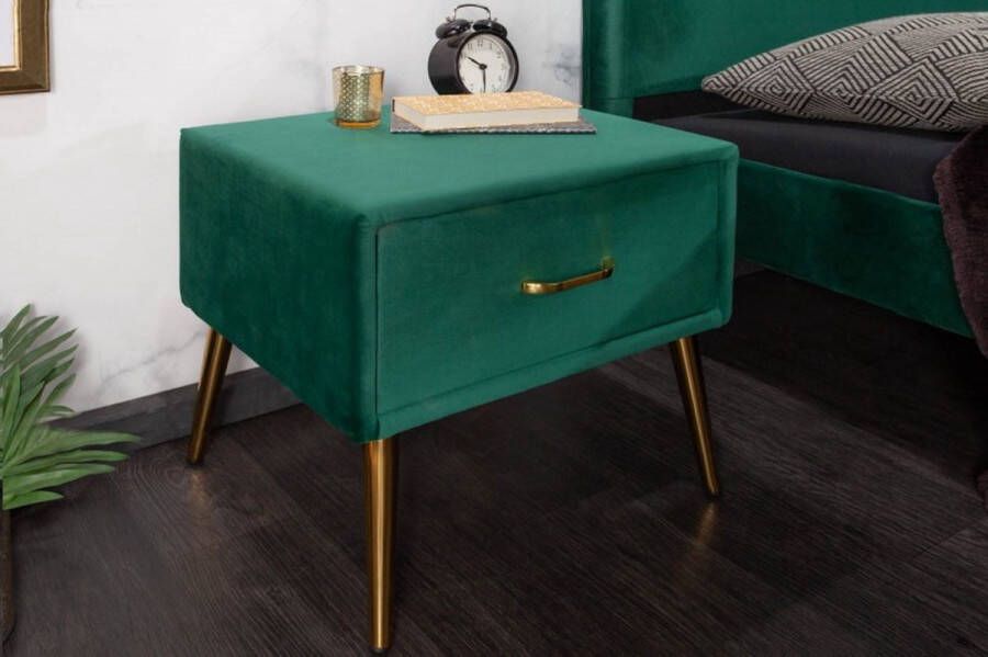 Invicta Interior Retro nachtkastje FAMOUS 45cm smaragdgroen fluweel met lade 40031