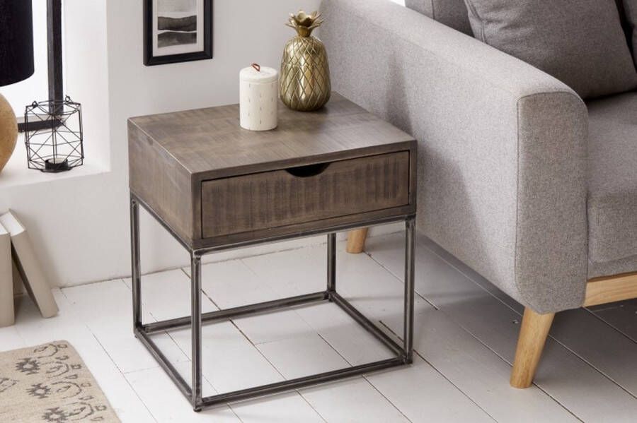 Invicta Interior Industrieel nachtkastje IRON CRAFT 45cm grijs acaciahout met lade bijzettafel 39590