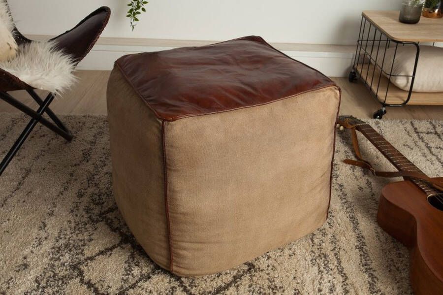 Invicta Interior Retro poef MUSTANG lederen bekleding 45cm met linnen zitkubus 39525
