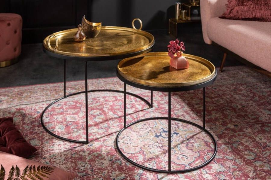Invicta Interior Set van 2 ronde salontafels ELEMENTS 65cm goud zwart metalen dienblad tafel bijzettafel 39088