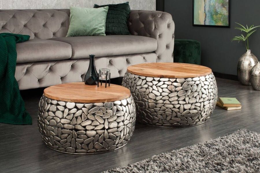 Invicta Interior Set van 2 ronde salontafels STONE MOSAIC 65cm zilver mangohout metaal handgemaakt mozaiekontwerp 41433