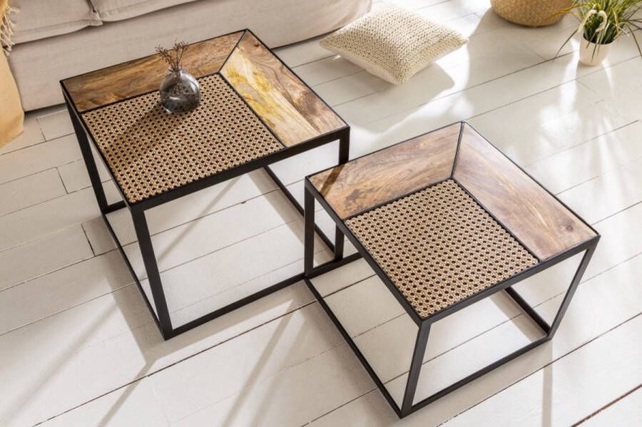 Invicta Interior Set van 2 salontafels VIENNA LOUNGE 50cm massief mangohout Weens gevlochten metalen frame zwart 40134