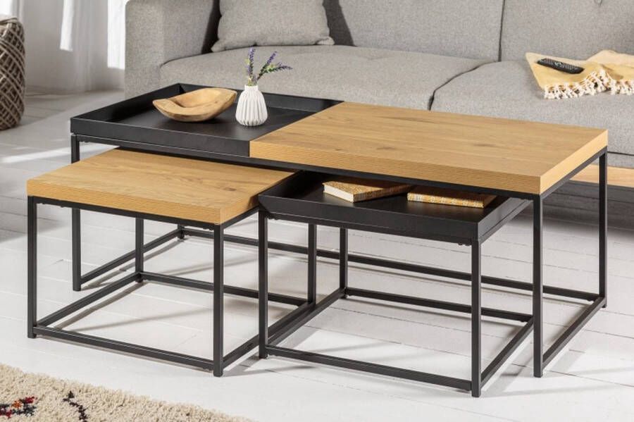 Invicta Interior industrieele salontafelset van 3 LOFT 120 cm uitneembaar blad in eikenlook 40623