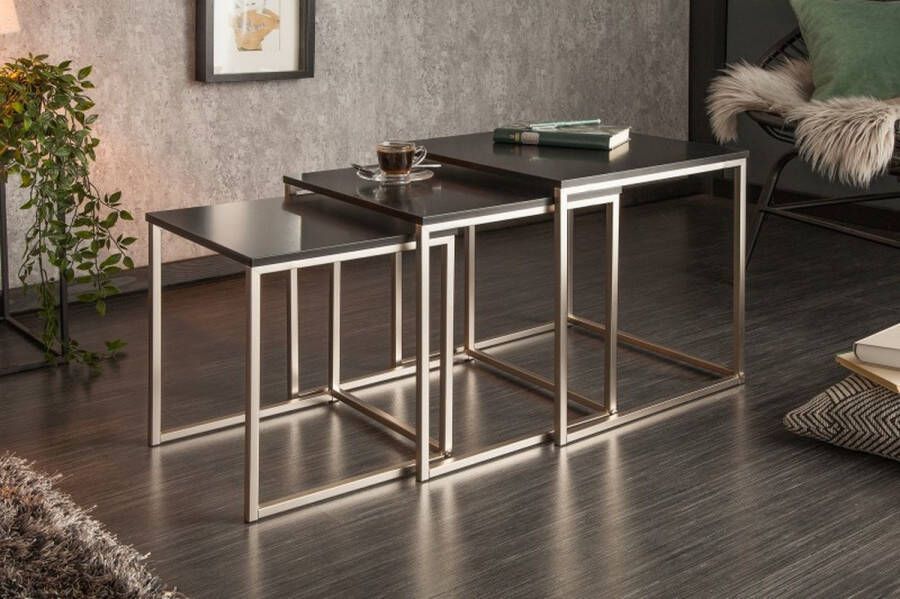 Invicta Interior Design bijzettafel set van 3 ELEMENTS 40cm mat zwart geborsteld RVS 37116