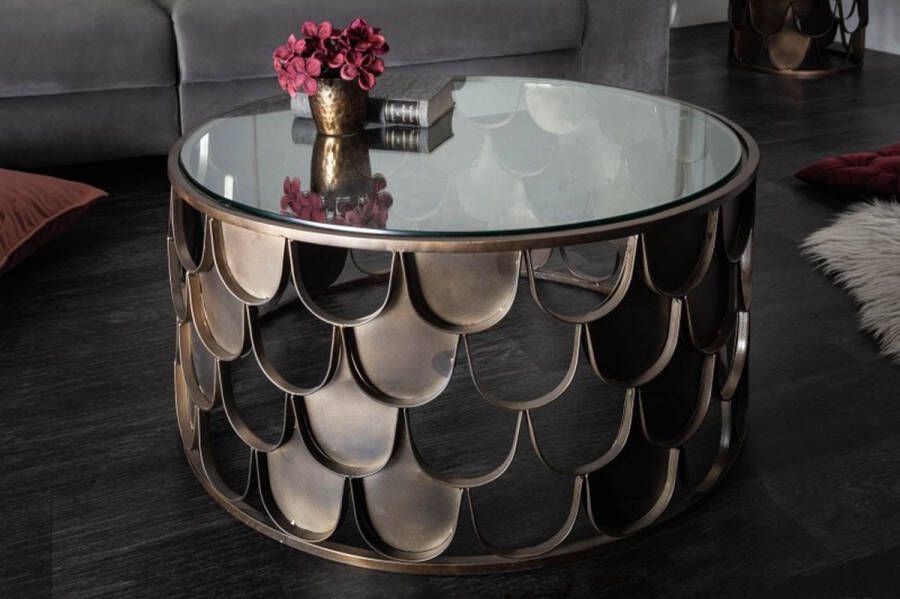 Invicta Interior Ronde salontafel ABSTRACT 60cm antiek messing metaal glas industrieel visschub design 40110