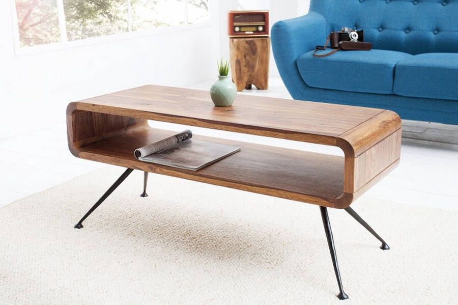 Invicta Interior Retro salontafel ALPHA 100cm Sheesham steenafwerking met massief houten plank zwarte metalen poten 37512