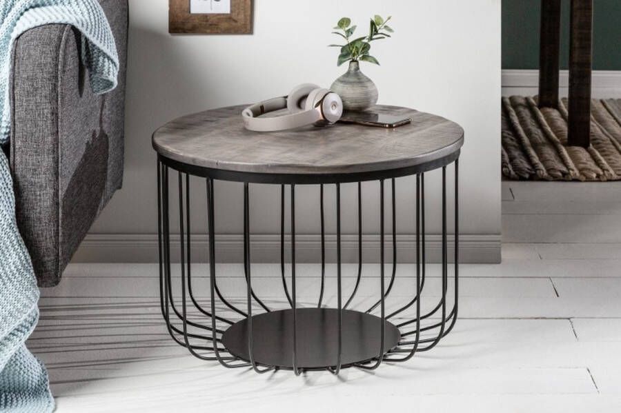 Invicta Interior Ronde salontafel FACTORY LOFT 60cm grijs mangohout zwart metalen frame handgemaakt 39672
