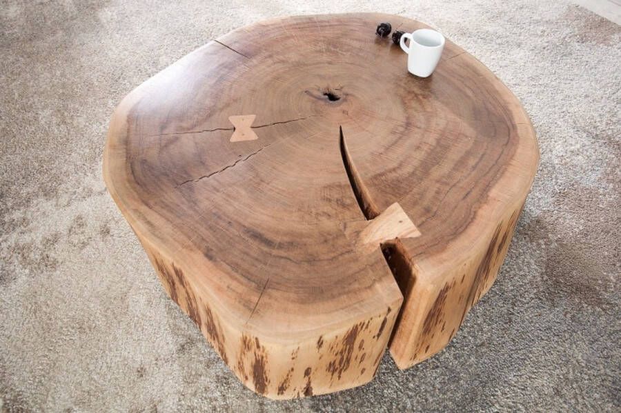 Invicta Interior Boomstam salontafel GOA 60cm naturel acacia massief hout rond met wielen uniek 36793