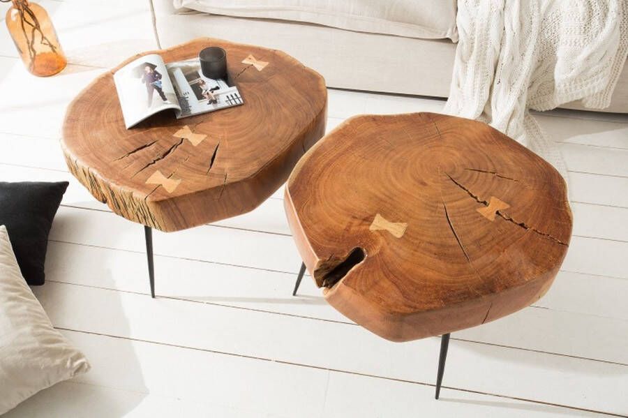Invicta Interior Ronde salontafel GOA 60cm massief acaciahout boomstam zwart metalen poten 36558