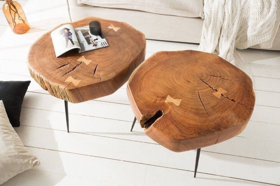 Invicta Interior Ronde salontafel GOA 60cm massief acaciahout boomstam zwart metalen poten 36558