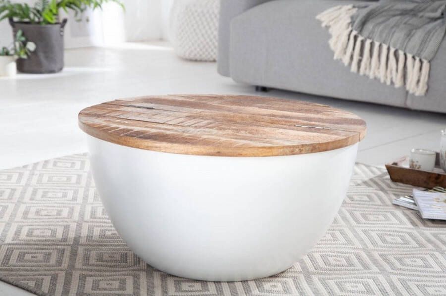 Invicta Interior Ronde salontafel INDUSTRIELE OPSLAG 60cm wit natuurlijk mangohout met opbergruimte handgemaakt 40892