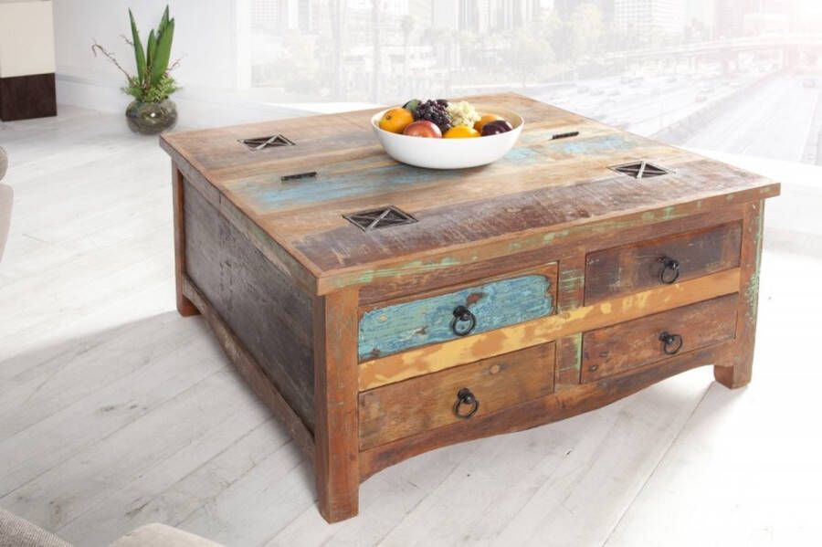 Invicta Interior Massieve salontafel JAKARTA 70 cm kleurrijke ladekast gemaakt van gerecycled vissersbotenhout met laden 37361