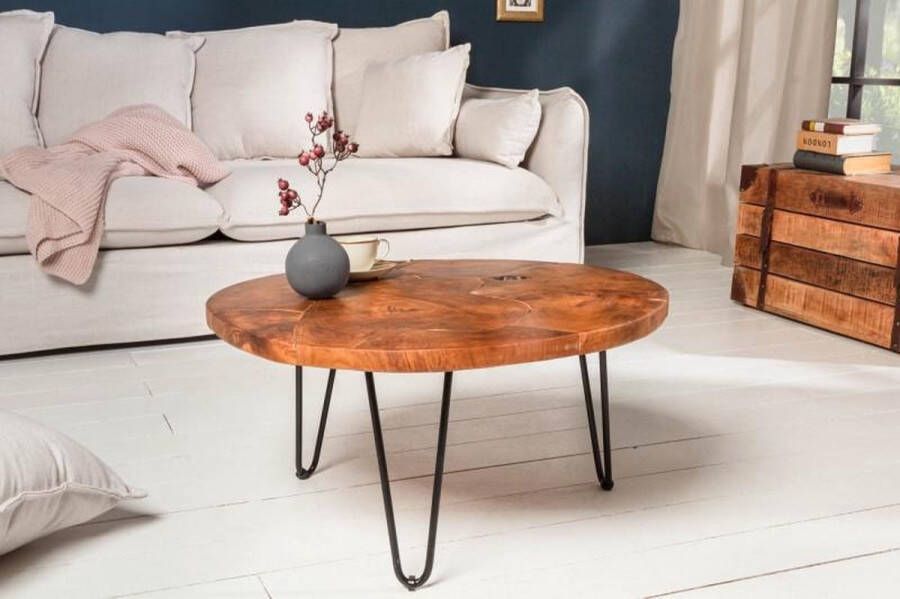Invicta Interior Ronde massief houten salontafel MOSAIK 70cm natuurlijk teakhout haarspeldpoten zwart metaal handgemaakt 39540