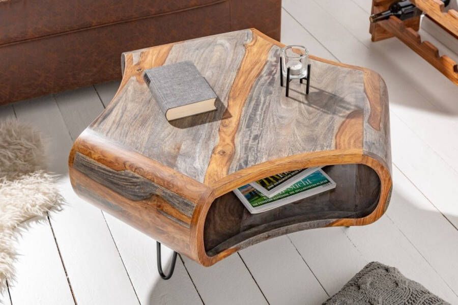 Invicta Interior Retro salontafel ORGANIC LIVING 80cm grijze smoke afwerking Sheesham palissander massief houten haarspeldpoten 39753